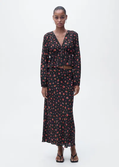 Mango Long Floral Flared Skirt Black In Noir