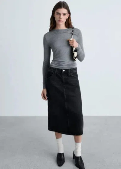 Mango Jupe Midi En Jean Black Denim - Femme - M -