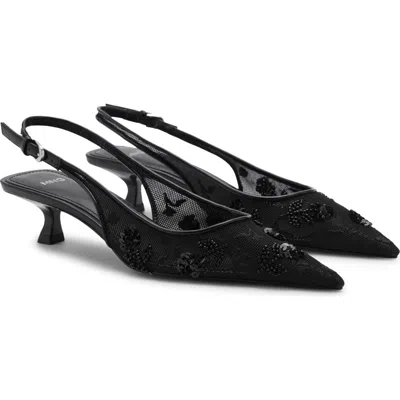 Mango Kitten Heel Floral Embellished Mesh Slingback Pump In Black