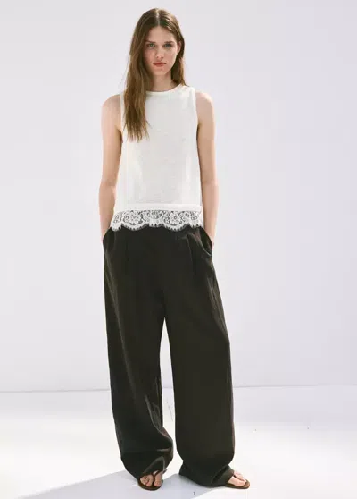 Mango Knit Top With Lace Detail In Ecru
