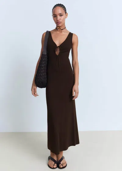 Mango Knitted Dress With Bow Neckline Chocolate