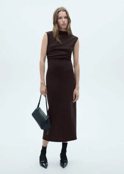 Mango Knitted Dress With Gathered Detail Chocolate In Black
