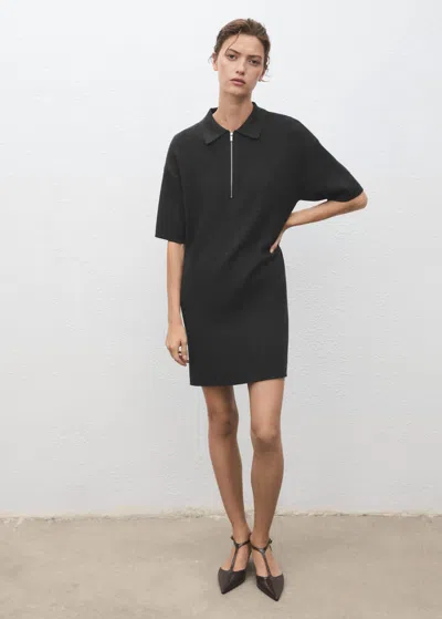 Mango Knitted Dress With Polo Neck Dark Heather Grey In Black