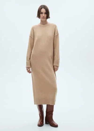 Mango Knitted Dress With Ribbed Finishes Medium Brown In Marron Moyen