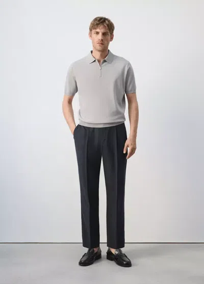 Mango Knitted Polo Shirt With Zip In Ice Grey