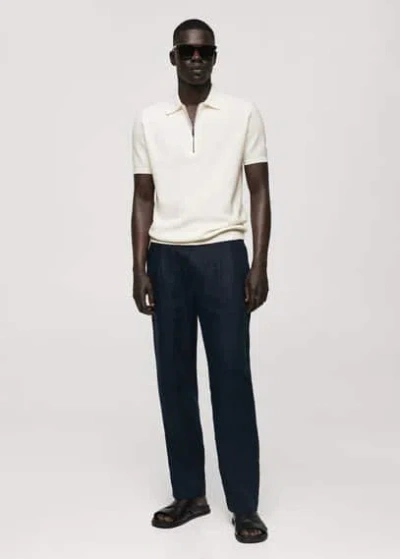 Mango Knitted Polo Shirt With Zip Off White In Blanc Cassé