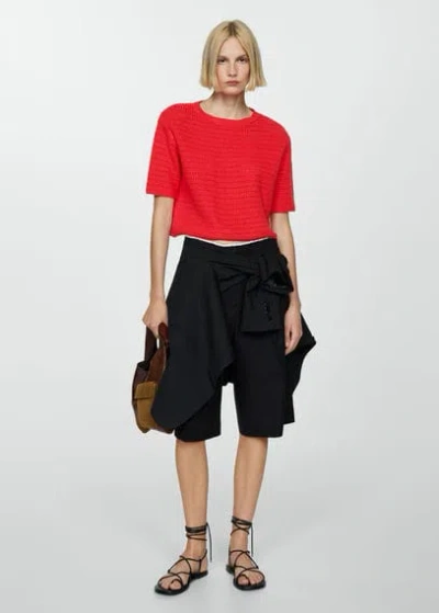 Mango Knitted Sweater With Openwork Details Coral Red In Corail