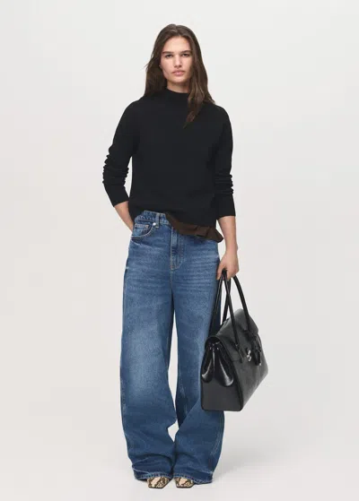 Mango Knitted Sweater With Perkins Neck In Black