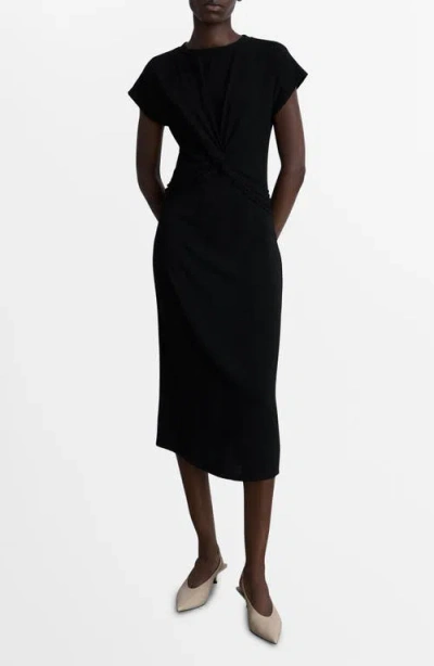 Mango Knot Front Cap Sleeve Midi Dress In Black