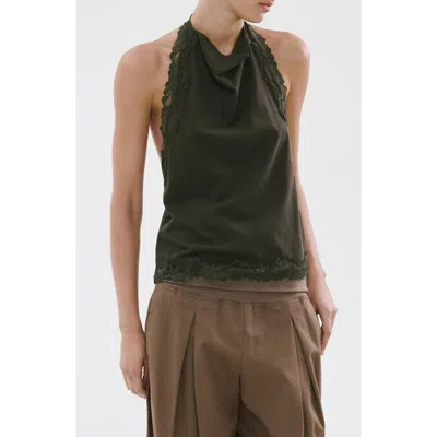 Mango Kristen Draped Lace Detail Cotton Halter Top In Green