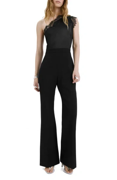 Mango One Shoulder Jumpsuit With Lace Detail In Black