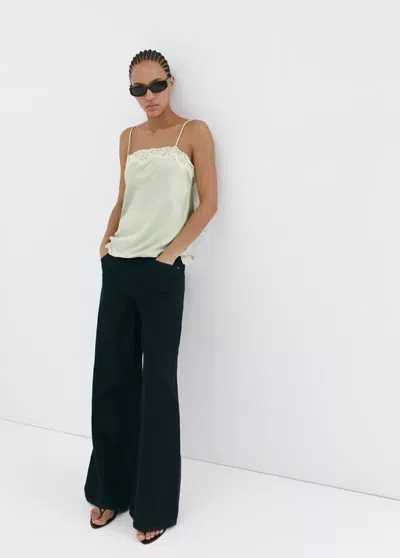 Mango Lace Detail Satin Top In Pastel Green