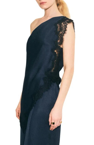 Mango Lace One-shoulder Satin Top In Blue