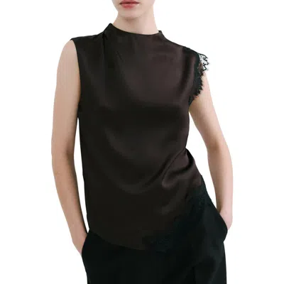 Mango Lace Trim Asymmetric Satin Top In Black