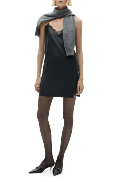 Mango Lace Trim Faux Leather Slipdress In Black