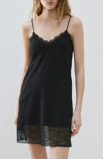 Mango Lace Trim Jersey Chemise In Black