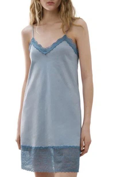 Mango Lace Trim Jersey Chemise In Blue
