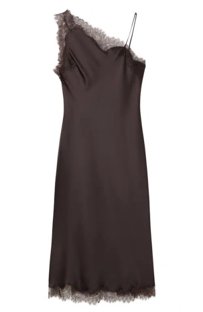 Mango Lace Trim One-shoulder Satin Slipdress In Brown