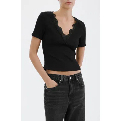 Mango Lace Trim Rib Knit Crop Top In Black