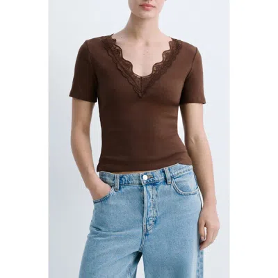 Mango Lace Trim Rib Knit Crop Top In Brown