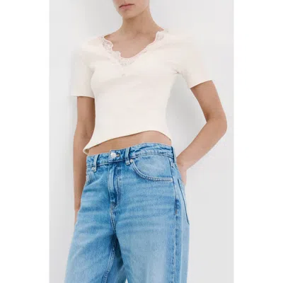 Mango Lace Trim Rib Knit Crop Top In Neutral