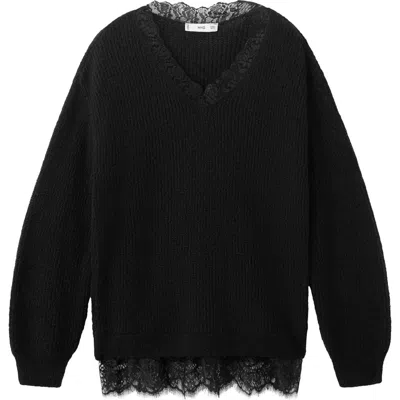 Mango Lace Trim Rib Sweater In Black