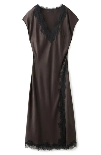Mango Lace Trim Satin Maxi Dress In Brown