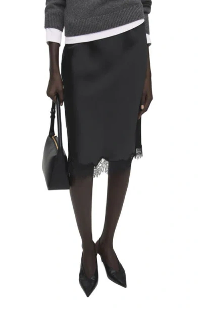 Mango Lace Trim Satin Midi Skirt In Black