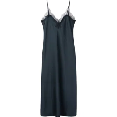 Mango Lace Trim Satin Midi Slipdress In Blue