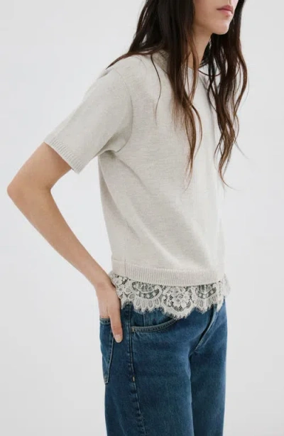 Mango Lace Trim Short Sleeve Sweater In Gray