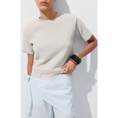 Mango Lace Trim Short Sleeve Sweater In Gray
