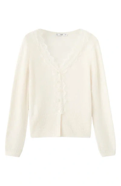 Mango Lace Trim V-neck Cardigan In White