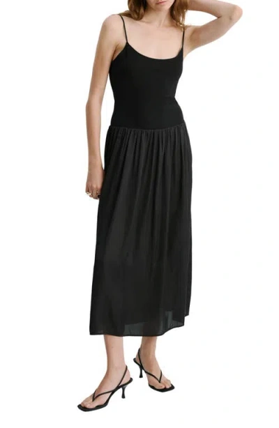 Mango Lace-up Back Drop Waist Mixed Media Dress In Black