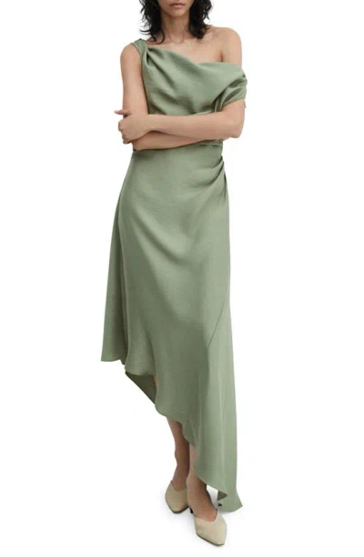 Mango Laila Draped One-shoulder Midi Dress In Dark Green