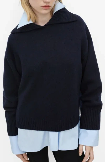 Mango Women's Lapel Collar Sweater In Dark Navy