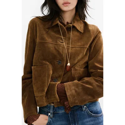 Mango Laura Crop Suede Jacket In Brown