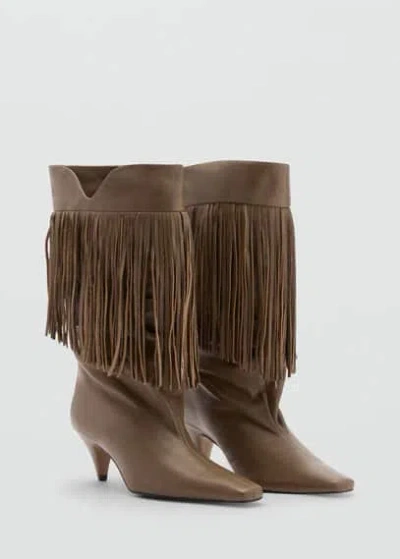 Mango Leather Ankle Boot With Fringe Heel Khaki