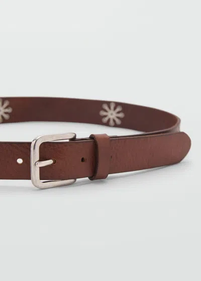 Mango Leather Belt With Embroidered Details Brown
