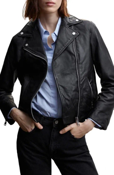 Mango Leather Biker Jacket In Black