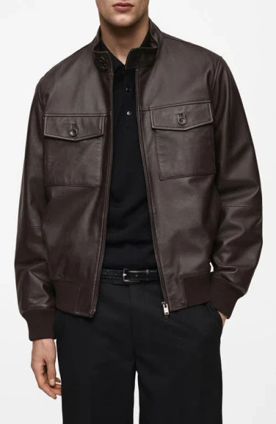 Mango Leather Biker Jacket In Brown