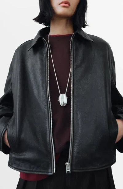 Mango Leather Bomber Jacket In Black