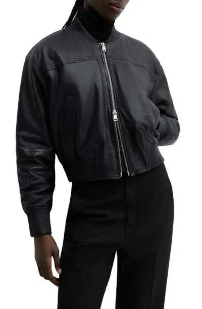Mango Leather Bomber Jacket In Black