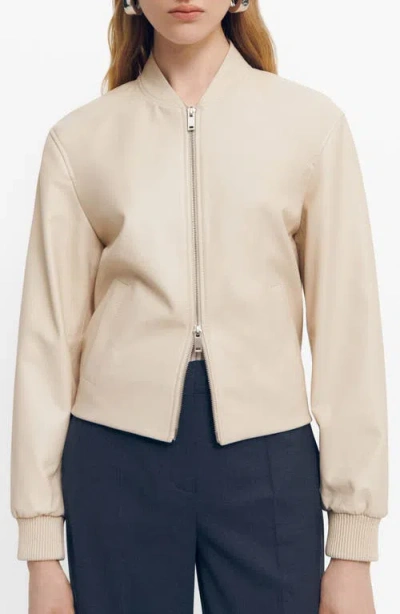 Mango Leather Bomber Jacket In Light Beige