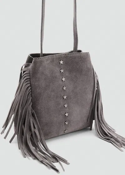 Mango Kids' Leather Bucket Bag With Fringes Grey In Gray