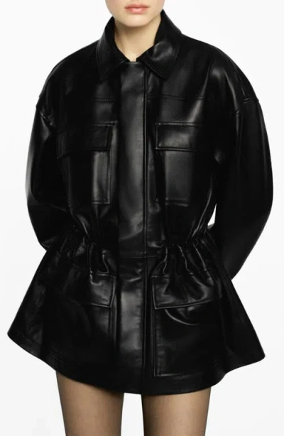Mango Leather Coat In Black