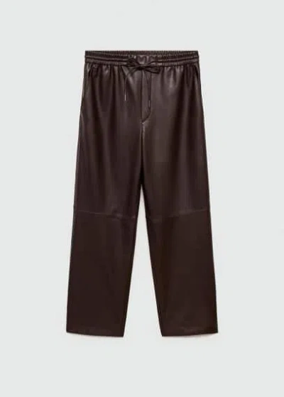 Mango Leather-effect Elastic Waist Trousers Chocolate In Chocolate
