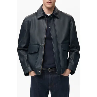 Mango Leather Jacket With Pockets In Blue