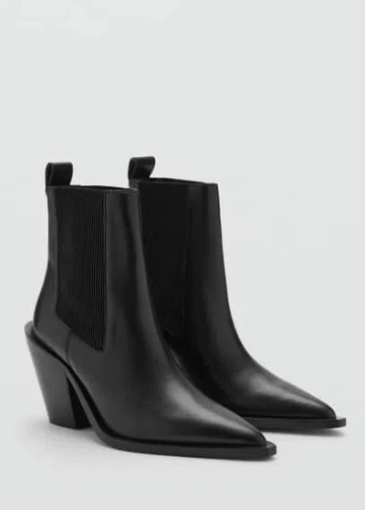 Mango Leather Pointed Ankle Boots Black