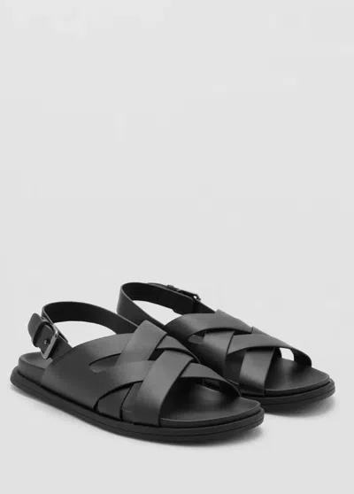 Mango Leather Sandal With Crossed Straps In Black