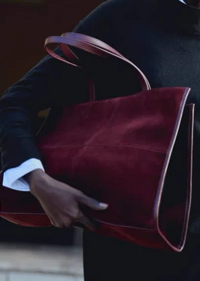 Mango Leather Shopper Bag With Stitching Burgundy